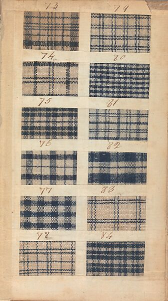 Textile sample book, Paper, cloth binding, with attached samples of fustian (variety of warp and weft combinations in wool, silk, linen, and cotton); warp: cotton dyed in dark brown, spun and Z twist/no ply, 30–32 per cm; warp: silk dyed in light blue, no visible twist/no ply, 12 per 0.1 cm; weft: silk dyed in pink, no visible twist/no ply, 28 per cm, British