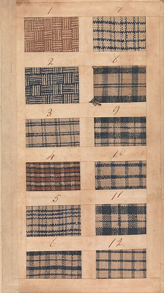 Textile sample book, Paper, cloth binding, with attached samples of fustian (variety of warp and weft combinations in wool, silk, linen, and cotton); warp: cotton dyed in dark brown, spun and Z twist/no ply, 30–32 per cm; warp: silk dyed in light blue, no visible twist/no ply, 12 per 0.1 cm; weft: silk dyed in pink, no visible twist/no ply, 28 per cm, British