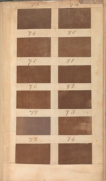 Textile sample book, Paper, cloth binding, with attached samples of fustian (variety of warp and weft combinations in wool, silk, linen, and cotton); warp: cotton dyed in dark brown, spun and Z twist/no ply, 30–32 per cm; warp: silk dyed in light blue, no visible twist/no ply, 12 per 0.1 cm; weft: silk dyed in pink, no visible twist/no ply, 28 per cm, British