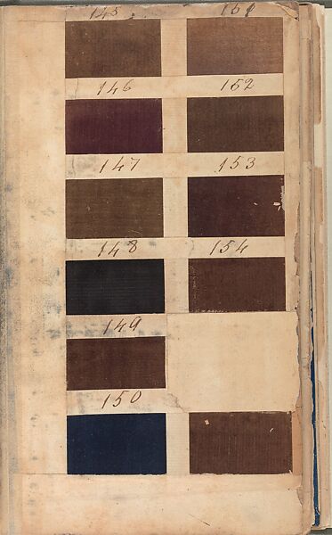 Textile sample book, Paper, cloth binding, with attached samples of fustian (variety of warp and weft combinations in wool, silk, linen, and cotton); warp: cotton dyed in dark brown, spun and Z twist/no ply, 30–32 per cm; warp: silk dyed in light blue, no visible twist/no ply, 12 per 0.1 cm; weft: silk dyed in pink, no visible twist/no ply, 28 per cm, British