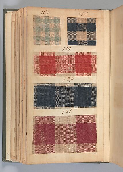 Textile sample book, Paper, cloth binding, with attached samples of fustian (variety of warp and weft combinations in wool, silk, linen, and cotton); warp: cotton dyed in dark brown, spun and Z twist/no ply, 30–32 per cm; warp: silk dyed in light blue, no visible twist/no ply, 12 per 0.1 cm; weft: silk dyed in pink, no visible twist/no ply, 28 per cm, British