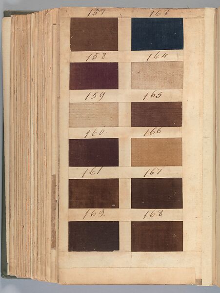 Textile sample book, Paper, cloth binding, with attached samples of fustian (variety of warp and weft combinations in wool, silk, linen, and cotton); warp: cotton dyed in dark brown, spun and Z twist/no ply, 30–32 per cm; warp: silk dyed in light blue, no visible twist/no ply, 12 per 0.1 cm; weft: silk dyed in pink, no visible twist/no ply, 28 per cm, British