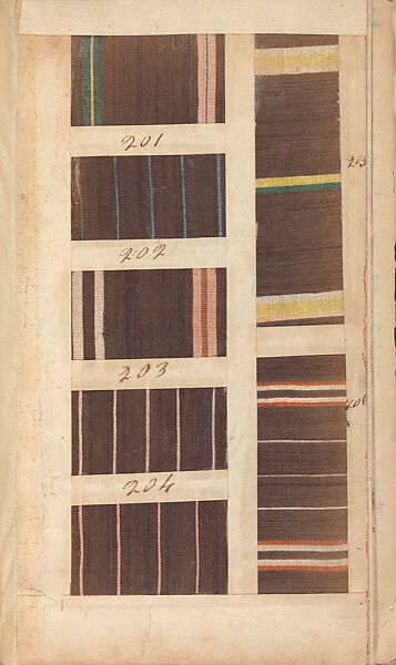 Textile sample book, Paper, cloth binding, with attached samples of fustian (variety of warp and weft combinations in wool, silk, linen, and cotton); warp: cotton dyed in dark brown, spun and Z twist/no ply, 30–32 per cm; warp: silk dyed in light blue, no visible twist/no ply, 12 per 0.1 cm; weft: silk dyed in pink, no visible twist/no ply, 28 per cm, British