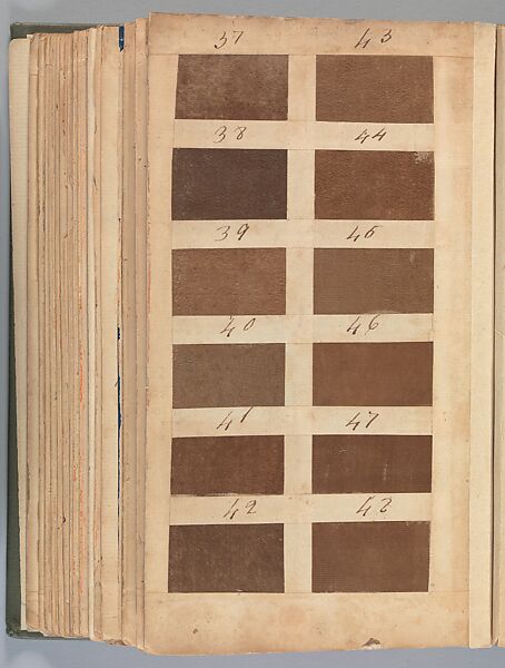 Textile sample book, Paper, cloth binding, with attached samples of fustian (variety of warp and weft combinations in wool, silk, linen, and cotton); warp: cotton dyed in dark brown, spun and Z twist/no ply, 30–32 per cm; warp: silk dyed in light blue, no visible twist/no ply, 12 per 0.1 cm; weft: silk dyed in pink, no visible twist/no ply, 28 per cm, British