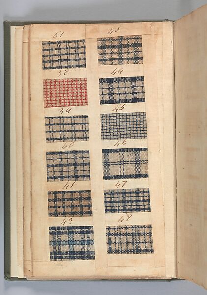 Textile sample book, Paper, cloth binding, with attached samples of fustian (variety of warp and weft combinations in wool, silk, linen, and cotton); warp: cotton dyed in dark brown, spun and Z twist/no ply, 30–32 per cm; warp: silk dyed in light blue, no visible twist/no ply, 12 per 0.1 cm; weft: silk dyed in pink, no visible twist/no ply, 28 per cm, British
