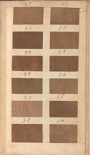 Textile sample book, Paper, cloth binding, with attached samples of fustian (variety of warp and weft combinations in wool, silk, linen, and cotton); warp: cotton dyed in dark brown, spun and Z twist/no ply, 30–32 per cm; warp: silk dyed in light blue, no visible twist/no ply, 12 per 0.1 cm; weft: silk dyed in pink, no visible twist/no ply, 28 per cm, British