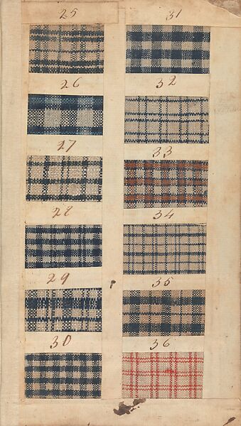 Textile sample book, Paper, cloth binding, with attached samples of fustian (variety of warp and weft combinations in wool, silk, linen, and cotton); warp: cotton dyed in dark brown, spun and Z twist/no ply, 30–32 per cm; warp: silk dyed in light blue, no visible twist/no ply, 12 per 0.1 cm; weft: silk dyed in pink, no visible twist/no ply, 28 per cm, British