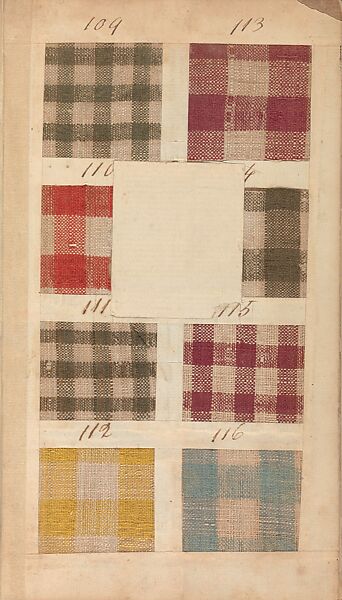 Textile sample book, Paper, cloth binding, with attached samples of fustian (variety of warp and weft combinations in wool, silk, linen, and cotton); warp: cotton dyed in dark brown, spun and Z twist/no ply, 30–32 per cm; warp: silk dyed in light blue, no visible twist/no ply, 12 per 0.1 cm; weft: silk dyed in pink, no visible twist/no ply, 28 per cm, British
