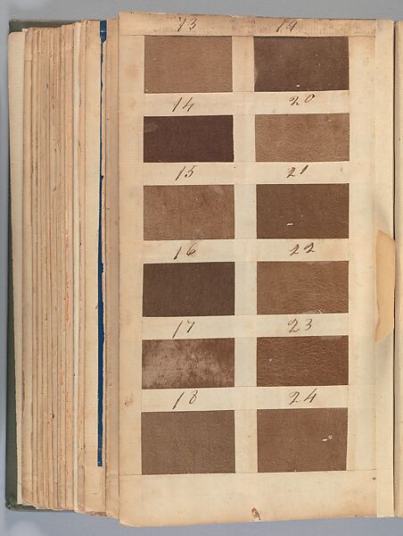 Textile sample book, Paper, cloth binding, with attached samples of fustian (variety of warp and weft combinations in wool, silk, linen, and cotton); warp: cotton dyed in dark brown, spun and Z twist/no ply, 30–32 per cm; warp: silk dyed in light blue, no visible twist/no ply, 12 per 0.1 cm; weft: silk dyed in pink, no visible twist/no ply, 28 per cm, British