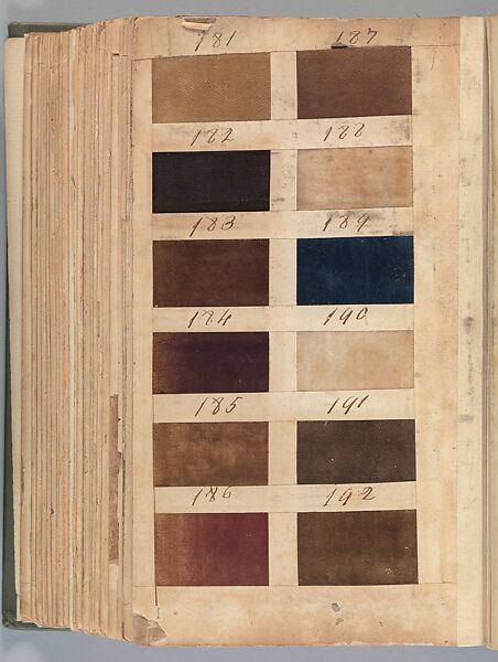 Textile sample book, Paper, cloth binding, with attached samples of fustian (variety of warp and weft combinations in wool, silk, linen, and cotton); warp: cotton dyed in dark brown, spun and Z twist/no ply, 30–32 per cm; warp: silk dyed in light blue, no visible twist/no ply, 12 per 0.1 cm; weft: silk dyed in pink, no visible twist/no ply, 28 per cm, British