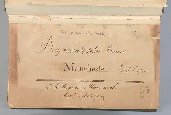 Textile sample book, Paper, cloth binding, with attached samples of fustian (variety of warp and weft combinations in wool, silk, linen, and cotton); warp: cotton dyed in dark brown, spun and Z twist/no ply, 30–32 per cm; warp: silk dyed in light blue, no visible twist/no ply, 12 per 0.1 cm; weft: silk dyed in pink, no visible twist/no ply, 28 per cm, British