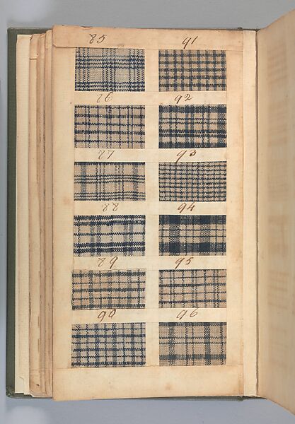 Textile sample book, Paper, cloth binding, with attached samples of fustian (variety of warp and weft combinations in wool, silk, linen, and cotton); warp: cotton dyed in dark brown, spun and Z twist/no ply, 30–32 per cm; warp: silk dyed in light blue, no visible twist/no ply, 12 per 0.1 cm; weft: silk dyed in pink, no visible twist/no ply, 28 per cm, British