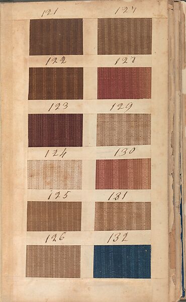 Textile sample book, Paper, cloth binding, with attached samples of fustian (variety of warp and weft combinations in wool, silk, linen, and cotton); warp: cotton dyed in dark brown, spun and Z twist/no ply, 30–32 per cm; warp: silk dyed in light blue, no visible twist/no ply, 12 per 0.1 cm; weft: silk dyed in pink, no visible twist/no ply, 28 per cm, British