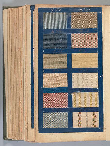 Textile sample book, Paper, cloth binding, with attached samples of fustian (variety of warp and weft combinations in wool, silk, linen, and cotton); warp: cotton dyed in dark brown, spun and Z twist/no ply, 30–32 per cm; warp: silk dyed in light blue, no visible twist/no ply, 12 per 0.1 cm; weft: silk dyed in pink, no visible twist/no ply, 28 per cm, British