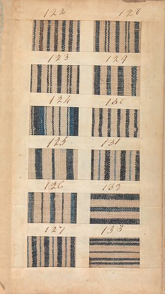 Textile sample book, Paper, cloth binding, with attached samples of fustian (variety of warp and weft combinations in wool, silk, linen, and cotton); warp: cotton dyed in dark brown, spun and Z twist/no ply, 30–32 per cm; warp: silk dyed in light blue, no visible twist/no ply, 12 per 0.1 cm; weft: silk dyed in pink, no visible twist/no ply, 28 per cm, British