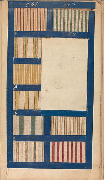 Textile sample book, Paper, cloth binding, with attached samples of fustian (variety of warp and weft combinations in wool, silk, linen, and cotton); warp: cotton dyed in dark brown, spun and Z twist/no ply, 30–32 per cm; warp: silk dyed in light blue, no visible twist/no ply, 12 per 0.1 cm; weft: silk dyed in pink, no visible twist/no ply, 28 per cm, British