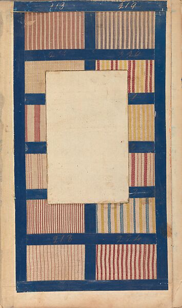 Textile sample book, Paper, cloth binding, with attached samples of fustian (variety of warp and weft combinations in wool, silk, linen, and cotton); warp: cotton dyed in dark brown, spun and Z twist/no ply, 30–32 per cm; warp: silk dyed in light blue, no visible twist/no ply, 12 per 0.1 cm; weft: silk dyed in pink, no visible twist/no ply, 28 per cm, British
