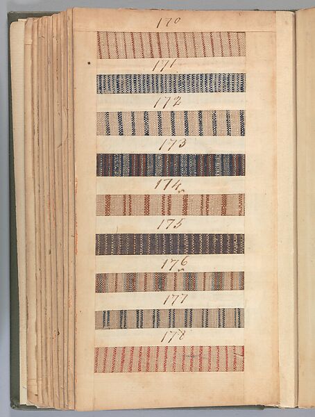 Textile sample book, Paper, cloth binding, with attached samples of fustian (variety of warp and weft combinations in wool, silk, linen, and cotton); warp: cotton dyed in dark brown, spun and Z twist/no ply, 30–32 per cm; warp: silk dyed in light blue, no visible twist/no ply, 12 per 0.1 cm; weft: silk dyed in pink, no visible twist/no ply, 28 per cm, British