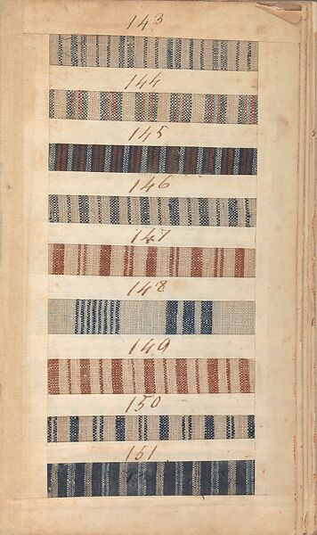 Textile sample book, Paper, cloth binding, with attached samples of fustian (variety of warp and weft combinations in wool, silk, linen, and cotton); warp: cotton dyed in dark brown, spun and Z twist/no ply, 30–32 per cm; warp: silk dyed in light blue, no visible twist/no ply, 12 per 0.1 cm; weft: silk dyed in pink, no visible twist/no ply, 28 per cm, British