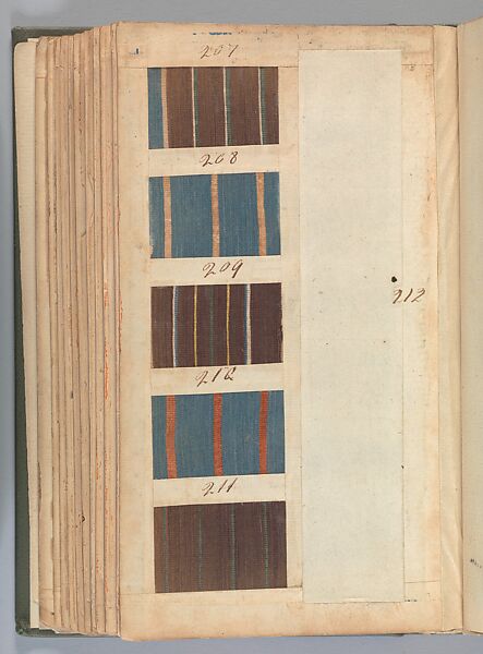Textile sample book, Paper, cloth binding, with attached samples of fustian (variety of warp and weft combinations in wool, silk, linen, and cotton); warp: cotton dyed in dark brown, spun and Z twist/no ply, 30–32 per cm; warp: silk dyed in light blue, no visible twist/no ply, 12 per 0.1 cm; weft: silk dyed in pink, no visible twist/no ply, 28 per cm, British