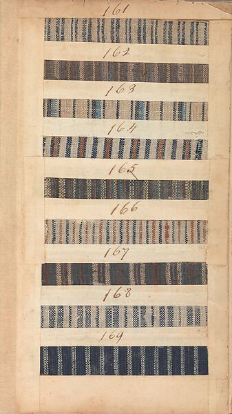 Textile sample book, Paper, cloth binding, with attached samples of fustian (variety of warp and weft combinations in wool, silk, linen, and cotton); warp: cotton dyed in dark brown, spun and Z twist/no ply, 30–32 per cm; warp: silk dyed in light blue, no visible twist/no ply, 12 per 0.1 cm; weft: silk dyed in pink, no visible twist/no ply, 28 per cm, British