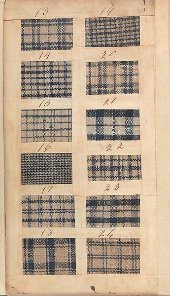 Textile sample book, Paper, cloth binding, with attached samples of fustian (variety of warp and weft combinations in wool, silk, linen, and cotton); warp: cotton dyed in dark brown, spun and Z twist/no ply, 30–32 per cm; warp: silk dyed in light blue, no visible twist/no ply, 12 per 0.1 cm; weft: silk dyed in pink, no visible twist/no ply, 28 per cm, British