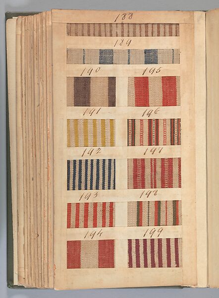 Textile sample book, Paper, cloth binding, with attached samples of fustian (variety of warp and weft combinations in wool, silk, linen, and cotton); warp: cotton dyed in dark brown, spun and Z twist/no ply, 30–32 per cm; warp: silk dyed in light blue, no visible twist/no ply, 12 per 0.1 cm; weft: silk dyed in pink, no visible twist/no ply, 28 per cm, British
