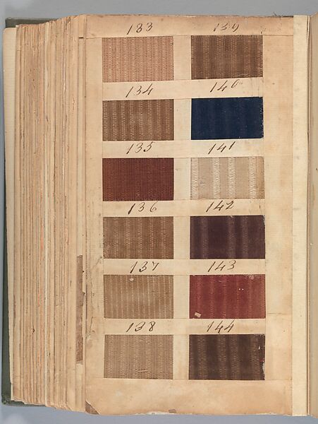 Textile sample book, Paper, cloth binding, with attached samples of fustian (variety of warp and weft combinations in wool, silk, linen, and cotton); warp: cotton dyed in dark brown, spun and Z twist/no ply, 30–32 per cm; warp: silk dyed in light blue, no visible twist/no ply, 12 per 0.1 cm; weft: silk dyed in pink, no visible twist/no ply, 28 per cm, British