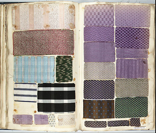 Tissus: album d'échantillons collés dont la fabrication remote, Printed and woven silk, cotton, and wool, on paper, French