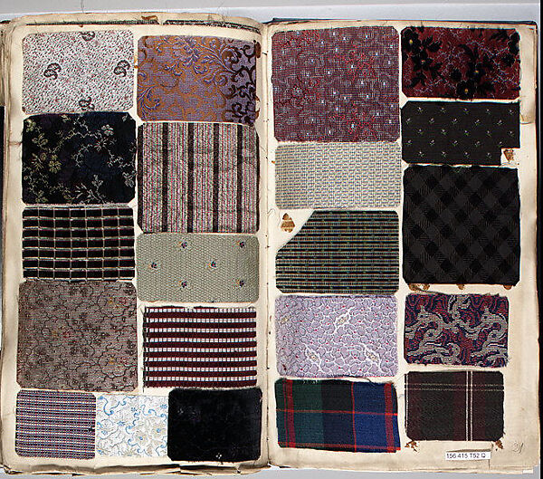 Tissus: album d'échantillons collés dont la fabrication remote, Printed and woven silk, cotton, and wool, on paper, French