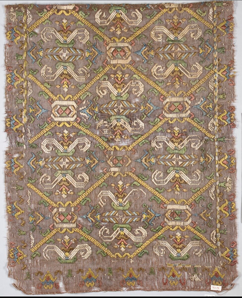 Square, Embroidered net, buratto, silk, Italian
