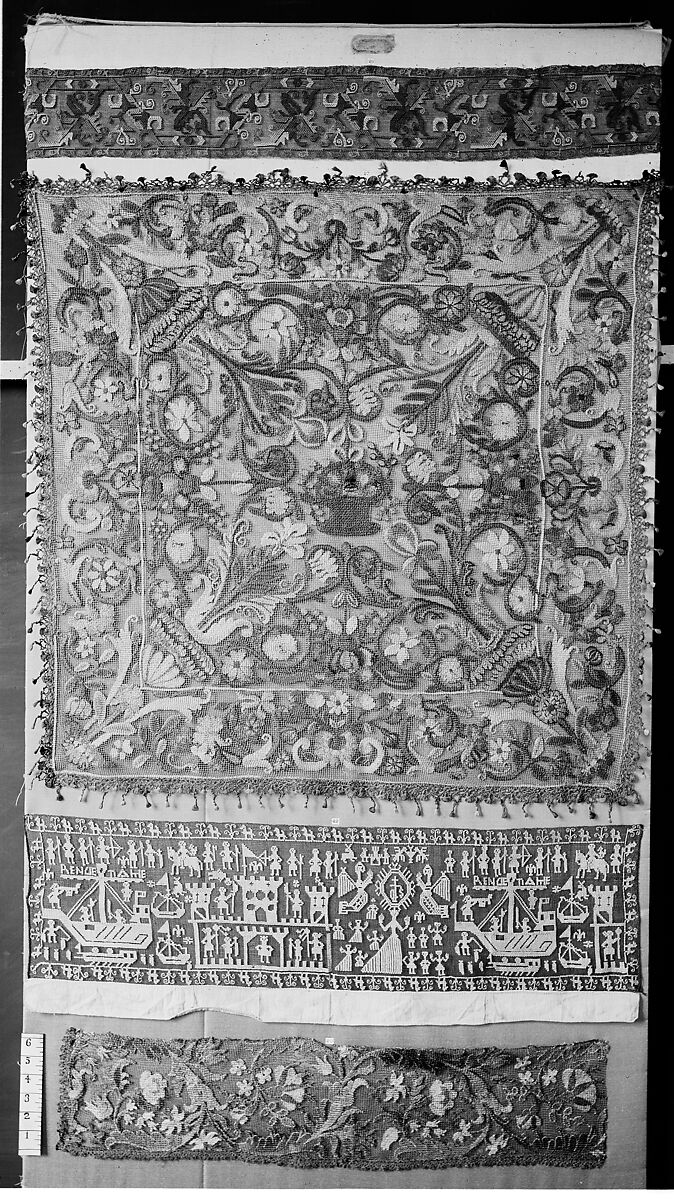 Border, Silk and metal thread, embroidered net, Italian
