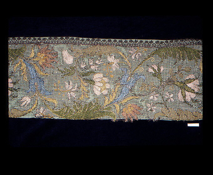 Border, Silk and metal thread, embroidered net, Italian 
