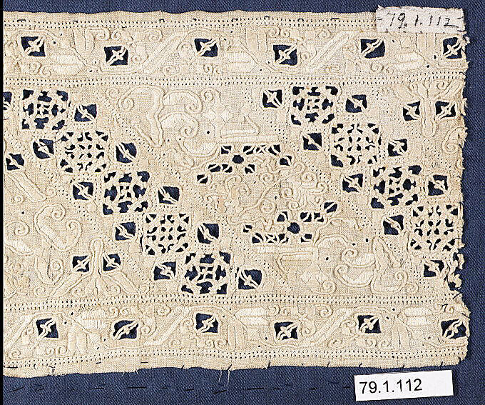 Fragment, Linen, cutwork, Italian 