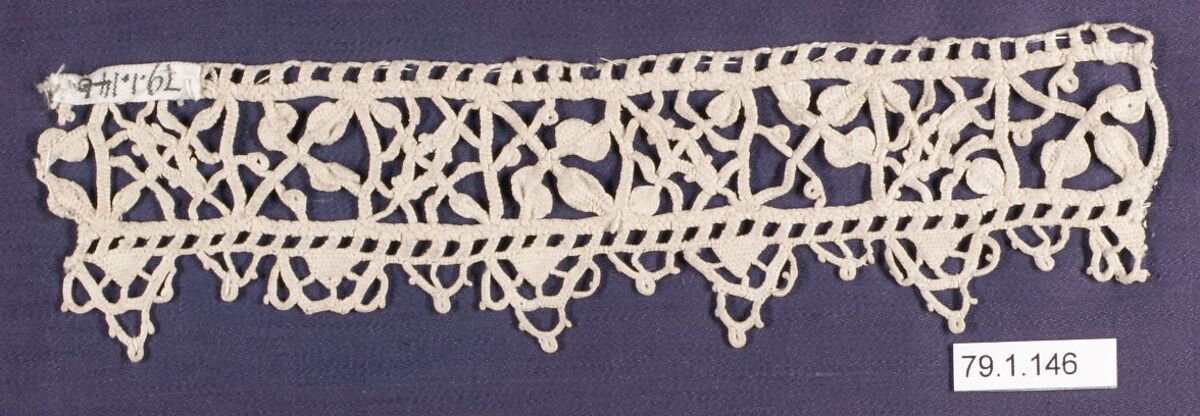 Fragment, Italian, 17th century, Italian, Needle lace, punto in aria, L. 5  x W. 2 1/2 inches, 12.7 x 6.4 cm, Textiles-Laces Stock Photo - Alamy