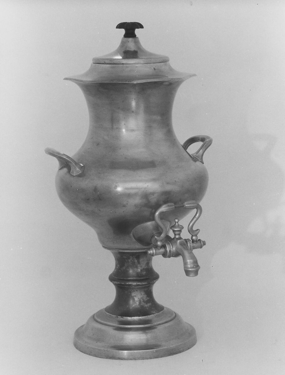 Coffee Urn, Roswell Gleason (1799–1887), Pewter, brass, wood, American 