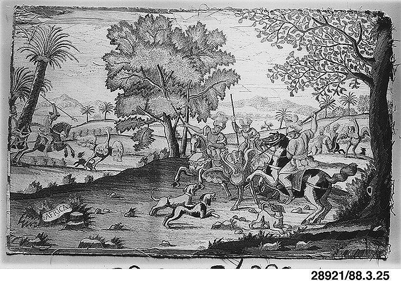 Ostrich Hunt ("Africa"), Probably by Leonardus Quesi, Silk on cardboard, Italian, Lecce 