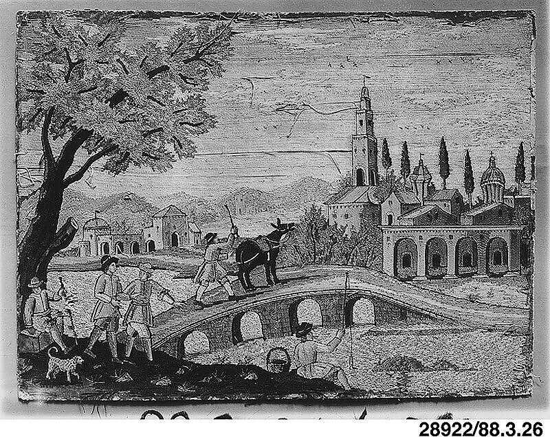 Riverview with figures and bridge, Probably by Leonardus Quesi, Silk on cardboard, Italian, Lecce 
