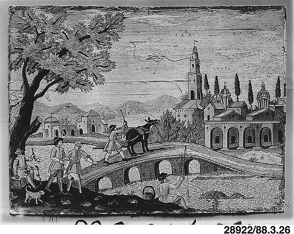 Riverview with figures and bridge