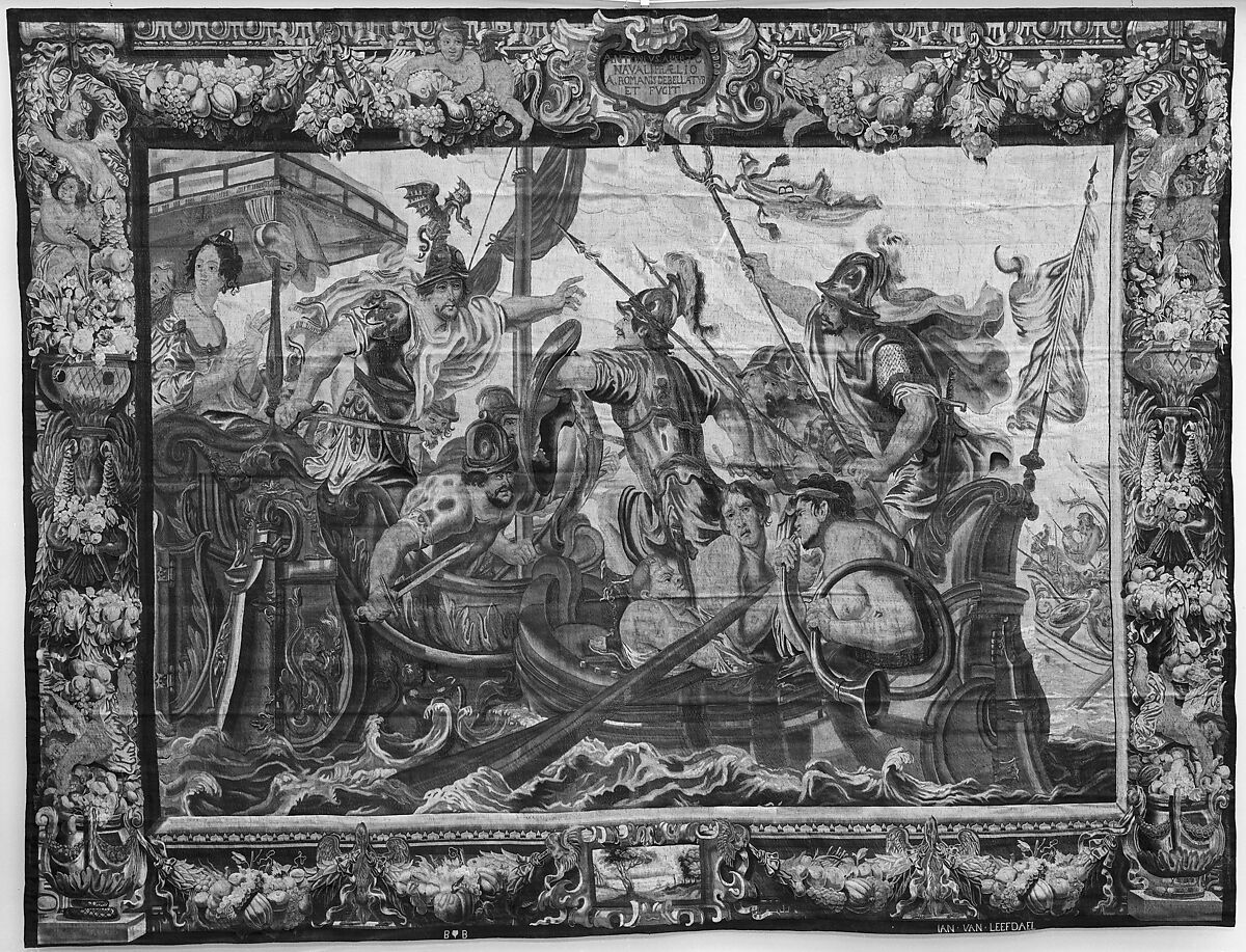The Battle of Actium from a set of The Story of Antony and Cleopatra, Designed by Justus van Egmont (Flemish, Leiden 1601–1674 Antwerp), Wool, silk, silver and silver-gilt thread (20-22 warps per inch, 8-9 per cm.), Flemish, Brussels 