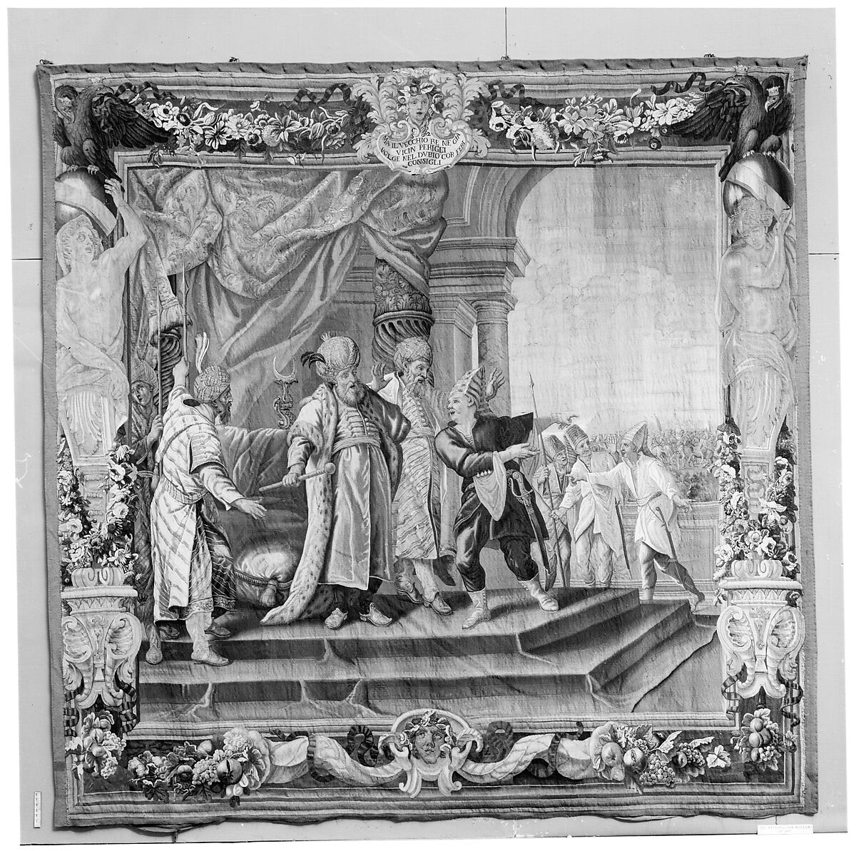 Aladin Hears of the Crusaders' Approach (from a set of Scenes from Gerusalemme Liberata), Designed by Domenico Paradisi (Italian, active 1689–1721), Wool, silk (16-18 warps per inch, 7 per cm.), Italian, Rome 