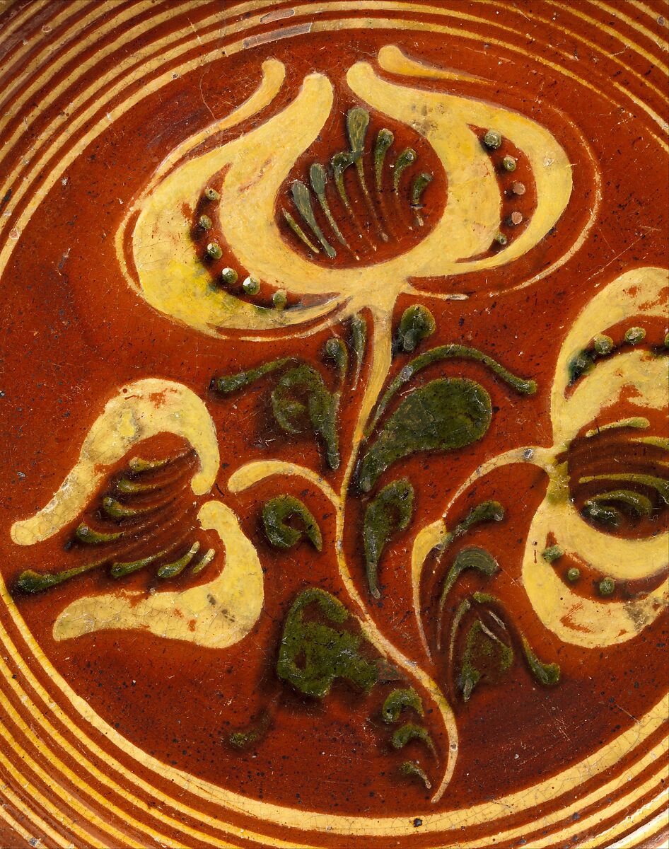 Redware Slip-decorated dish, Attributed to Dennis Family Potters, Red earthenware