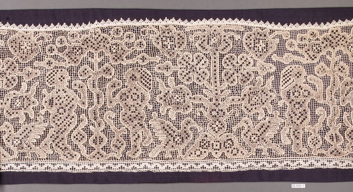 Strip, Embroidered net, punto à rammendo, Italian, possibly Sardinia