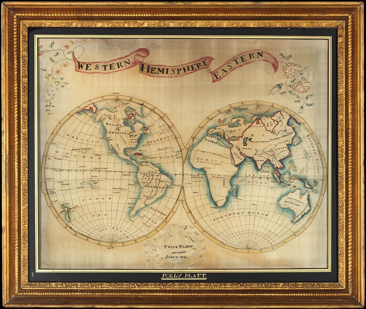 Map sampler made at Pleasent Valley Quaker Boarding School, Polly Platt (American, born Athens, New York, 1795), Silk and chenille embroidery on silk, American 