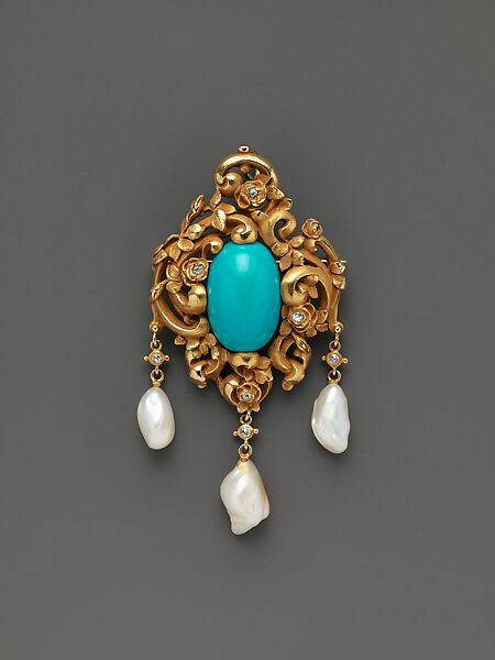 Brooch, Attributed to F. Walter Lawrence (American, Baltimore, Maryland 1864–1929 Summit, New Jersey), Gold, turquoise, diamonds and pearls, American 