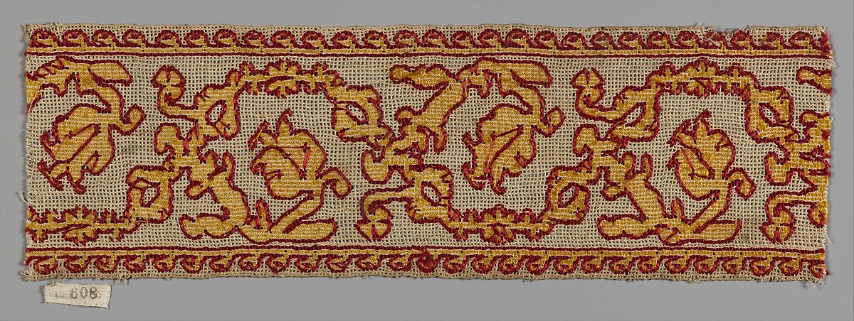 Band, Embroidered net, buratto, silk on linen, punto à rammendo, Italian