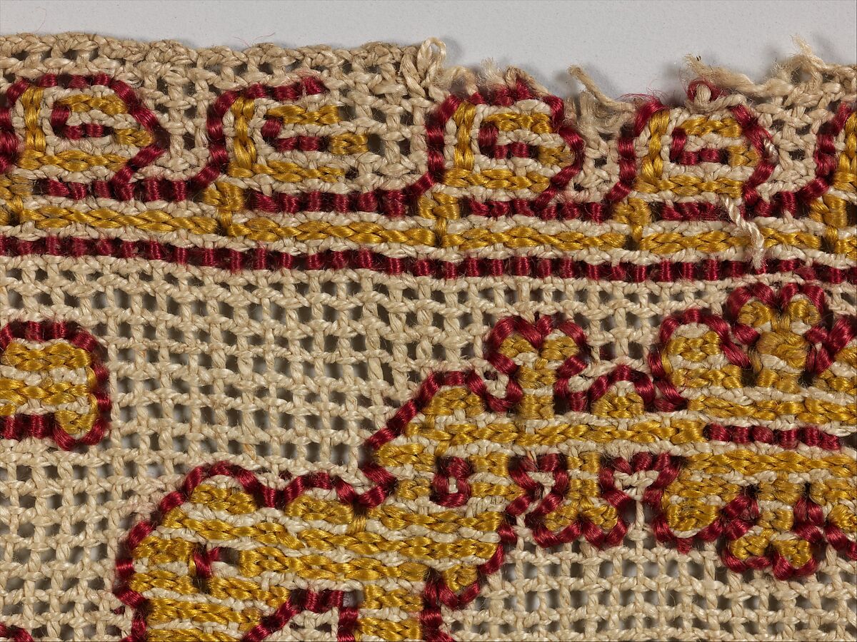 Band, Embroidered net, buratto, silk on linen, punto à rammendo, Italian