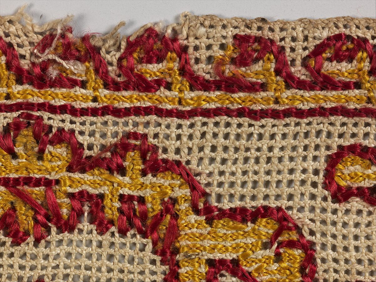 Band, Embroidered net, buratto, silk on linen, punto à rammendo, Italian