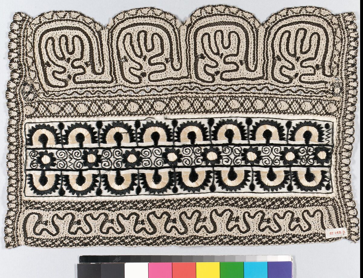 Cuff, Linen and silk, bobbin lace, Hungarian