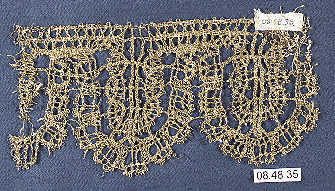 Fragment, Italian, 17th century, Italian, Needle lace, punto in aria, L. 5  x W. 2 1/2 inches, 12.7 x 6.4 cm, Textiles-Laces Stock Photo - Alamy